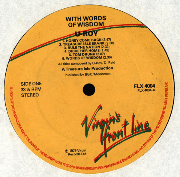 Image of Label Cover of LP - VG+/EX - U-ROY, With Words Of Wisdom (Front Line; FLX 4004, UK 1979), Shiny clean, nice labels, good looking sleeve.,  - 3726223E