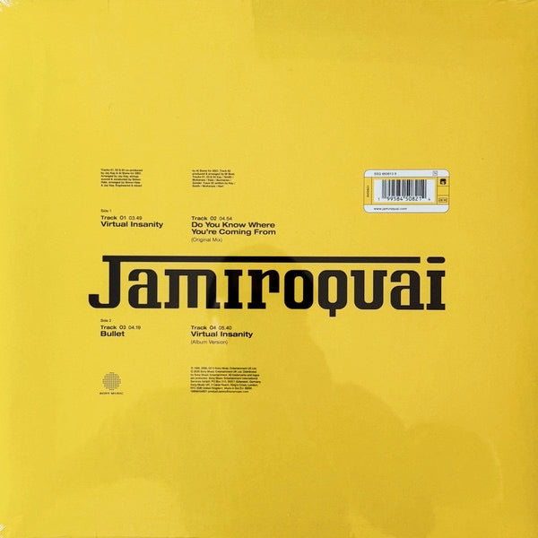 Image of Back Cover of LP - NEW/NEW - JAMIROQUAI, Virtual Insanity (30th Anniversary) (CMG; 19958450821, Europe 2026 Reissue, Transparent Yellow Vinyl), , To celebrate 30 years of Jamiroquai s most iconic track, Virtual Insanity will be released as a 12  single on colour vinyl! Replicating the track list from the original 12  single release, this vinyl will be pressed on transparent yellow vinyl matching the stunning original yellow Buffalo Man sleeve.  - 2316206C
