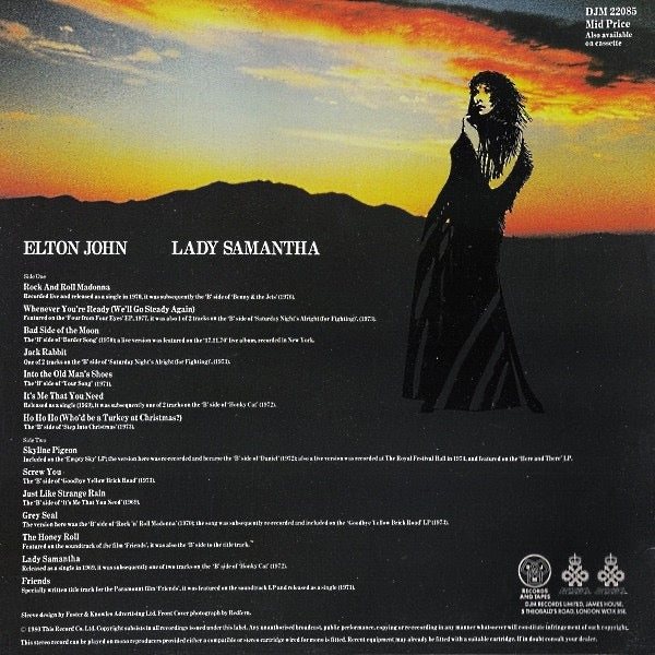 Image of Back Cover of LP - VG/VG+ - ELTON JOHN, Lady Samantha (DJM Records Yellow Labels ; DJM 22085, UK 1980 Reissue), ,  - 2416083C