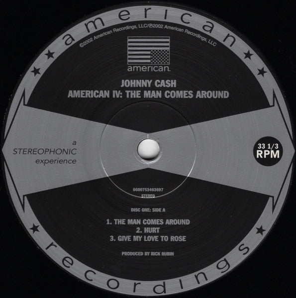 Image of Label Cover of 2xLP - NEW/NEW - JOHNNY CASH, American IV: The Man Comes Around (American Recordings; 0600753463673, Europe 2016 Reissue, 2 Inners), , On first thought, the idea of the Man In Black recording such covers as "Bridge Over Troubled Water", "Danny Boy" and "The First Time Ever I Saw Your Face" might seem odd, even for an artist who's been able to put his personal stamp on just about everything. But American IV - The Man Comes Around, which also draws on Cash's original songs as well as t