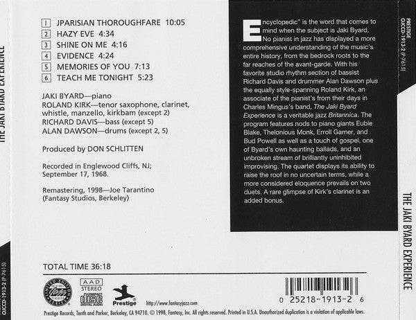 Image of Back Cover of CD - VG+/VG+ - JAKI BYARD, The Jaki Byard Experience (Original Jazz Classics; OJCCD-1913-2, US 1998 Reissue), ,  - 2456034S
