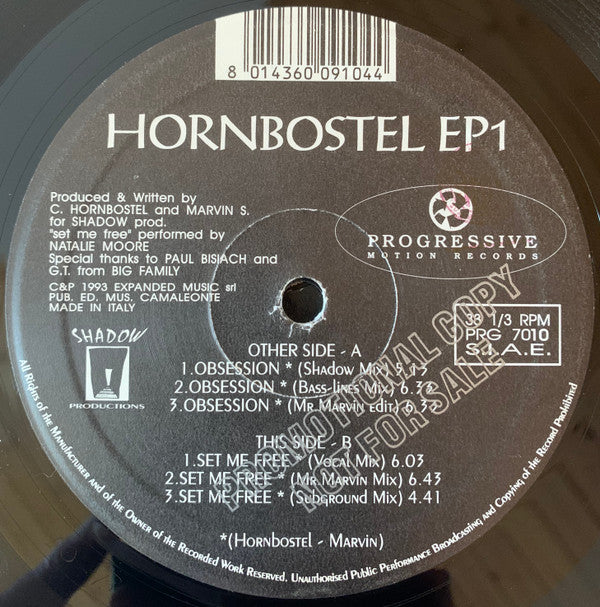 Image of Front Cover of 12" - VG/VG - HORNBOSTEL, EP1 (PRG (Progressive Motion Reco; PRG 7010, Italy 1993, Die Cut Company Sleeve), faint rub marks and few whispy hairlines - strong VG,  - 2446058S