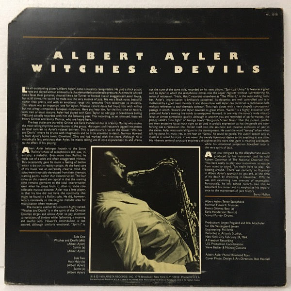 Image of Back Cover of LP - VG+/VG - ALBERT AYLER, Witches & Devils (Arista; AL 1018, US 1975 Reissue), Still In Opened Shrinkwrap. Import corner-cut.,  - 2416198C