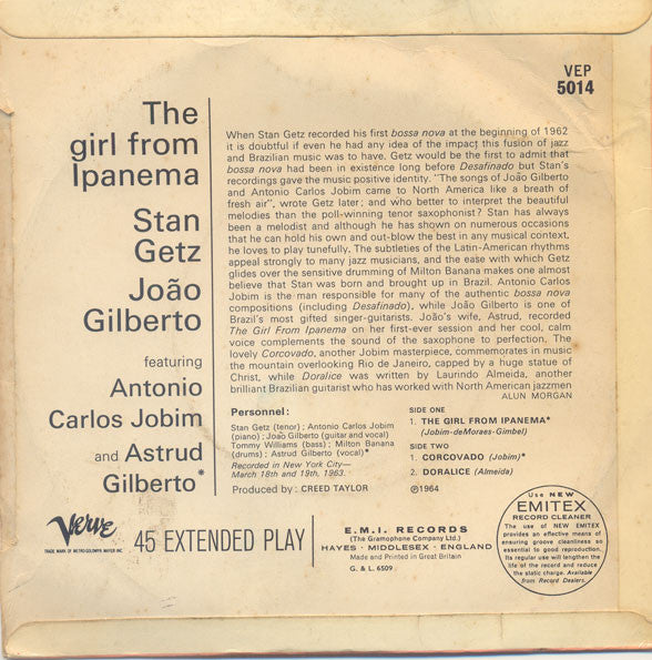 Image of Back Cover of 7" EP - VG/VG - STAN GETZ / JOAO GILBERTO, The Girl From Ipanema / Corcovado / Doralice (Verve Records; VEP.5014, UK 1964, Flipback Sleeve), Lightest of marks. Lightest wear to sleeve.,  - 2456041S