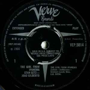 Image of Label Cover of 7" EP - VG/VG - STAN GETZ / JOAO GILBERTO, The Girl From Ipanema / Corcovado / Doralice (Verve Records; VEP.5014, UK 1964, Flipback Sleeve), Lightest of marks. Lightest wear to sleeve.,  - 2456041S