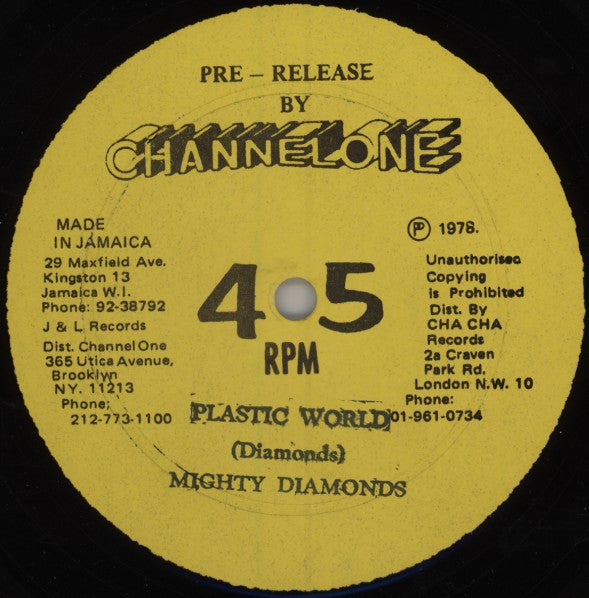 Image of Front Cover of 12" - VG/VG - THE MIGHTY DIAMONDS, Plastic World / There Is No Me Without You (Channel One; EJ 004, Jamaica 1978, Company Sleeve), Nice copy, light marks only. Clean labels, in company sleeve.,  - 2446105S