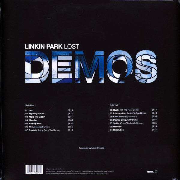 Image of Back Cover of LP - VG+/VG+ - LINKIN PARK, Lost Demos (Warner Records; 093624852711, Europe 2023, Insert, Translucent Sea Blue Vinyl), Still in hype stickered shrinkwrap, small RSD warp.,  - 2416064C