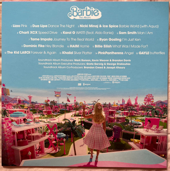 Image of Back Cover of LP - VG/VG+ - VARIOUS ARTISTS, Barbie The Album (Atlantic ; 075678616839, USA & Europe 2023, Debossed Sleeve, Inner & Insert, Blue Vinyl), Strong VG+, Sleeve Creased,  - 2426134E