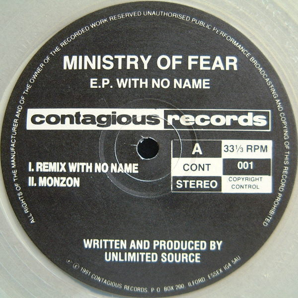 Image of Front Cover of 12" - /VG - MINISTRY OF FEAR, E.P. With No Name (Contagious Records; CONT 001, UK 1991, Clear Vinyl), Couple light marks,  - 2446111S