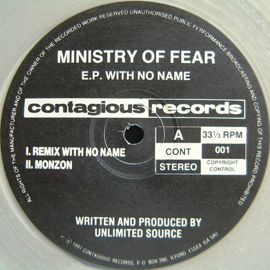 Image of Front Cover of 12" - /VG - MINISTRY OF FEAR, E.P. With No Name (Contagious Records; CONT 001, UK 1991, Clear Vinyl), Couple light marks,  - 2446111S