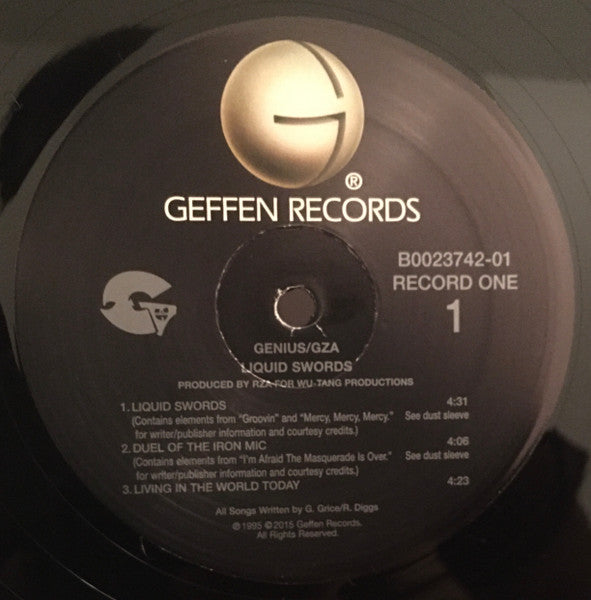 Image of Label Cover of 2xLP - NEW/NEW - GZA, Liquid Swords (Geffen Records; B0023742-01, Europe 2015 Reissue, 2 Inners), , Liquid Swords is the second solo studio album from Wu-Tang Clan member GZA. Upon it's initial release, Liquid Swords received critical acclaim for it's complex lyricism and hypnotic musical style. Over the years, it's recognition has grown, with a number of famous publishers proclaiming it as one of the greatest hip hop albums of all time.  - 2416262C