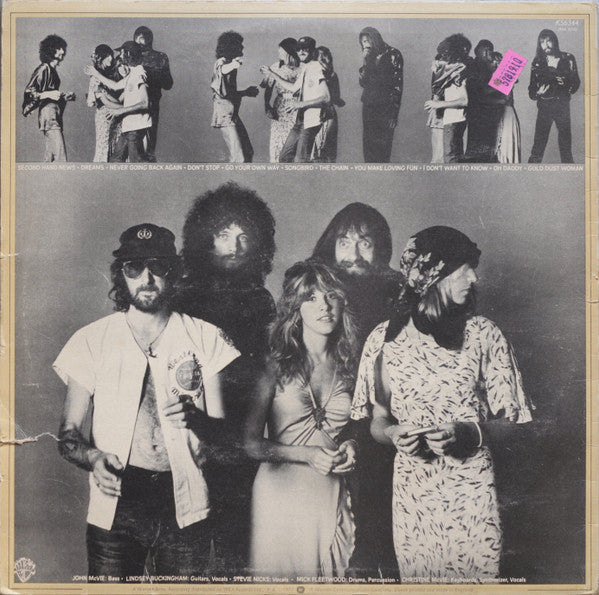 Image of Back Cover of LP - VG/G+ - FLEETWOOD MAC, Rumours (Warner Bros. Records Burbank Labels With W In Rim Text; K 56344, UK 1970s Reissue, Textured Gothic Print Sleeve, Insert Without Printer Credit), Wispy marks, Spine wear and a sleeve crease,  - 2416091C