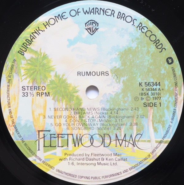 Image of Label Cover of LP - VG/G+ - FLEETWOOD MAC, Rumours (Warner Bros. Records Burbank Labels With W In Rim Text; K 56344, UK 1970s Reissue, Textured Gothic Print Sleeve, Insert Without Printer Credit), Wispy marks, Spine wear and a sleeve crease,  - 2416091C
