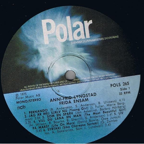Image of Label Cover of LP - VG+/VG+ - ANNI-FRID LYNGSTAD, Frida Ensam (Polar; POLS 265, Sweden 1975), ,  - 2416095C