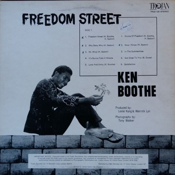 Image of Back Cover of LP - VG/VG - KEN BOOTHE, Freedom Street (Trojan Records; TRLS 120, UK 1976), Conservative grading, light scuffs only. Storage wear on sleeve.,  - 2426177E