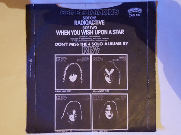 Image of Back Cover of 7" - VG/VG+ - GENE SIMMONS, Radioactive (Casablanca; CAN 134, UK 1978, Picture Sleeve, No Mask, Red And Black Vinyl Mispress), Writing On Front Sleeve,  - 2426191E