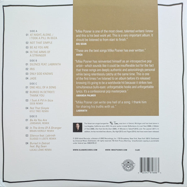 Image of Back Cover of 2xLP - VG+/VG+ - MIKE POSNER, At Night, Alone. (Island Records; B0024705-01, US 2016, White Vinyl), ,  - 2446131S