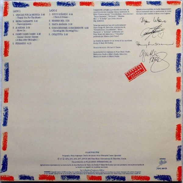 Image of Back Cover of LP - G+/VG+ - ABBA, Gracias Por La Musica (Septima Records; SRLM 1, UK 1980), A few areas of sleeve water damage/peeling, Nicely intact, Clean glossy disc,  - 2416383C