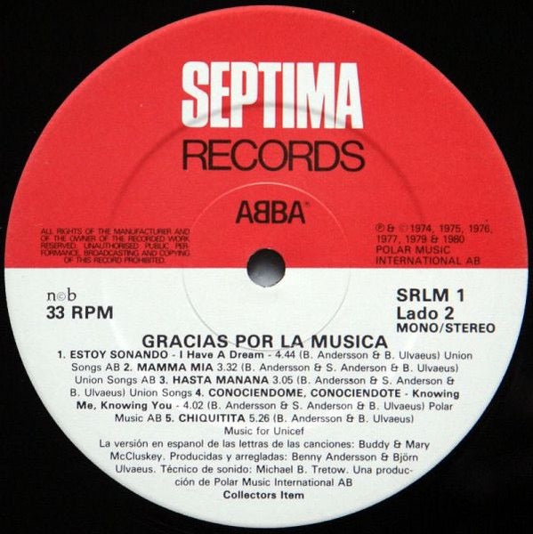 Image of Label Cover of LP - G+/VG+ - ABBA, Gracias Por La Musica (Septima Records; SRLM 1, UK 1980), A few areas of sleeve water damage/peeling, Nicely intact, Clean glossy disc,  - 2416383C