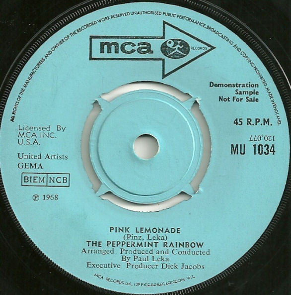 Image of Back Cover of 7" - /VG - THE PEPPERMINT RAINBOW, Walking In Different Circles / Pink Lemonade (MCA Records ; MU 1034, UK 1968, Promo), ,  - 2426186E
