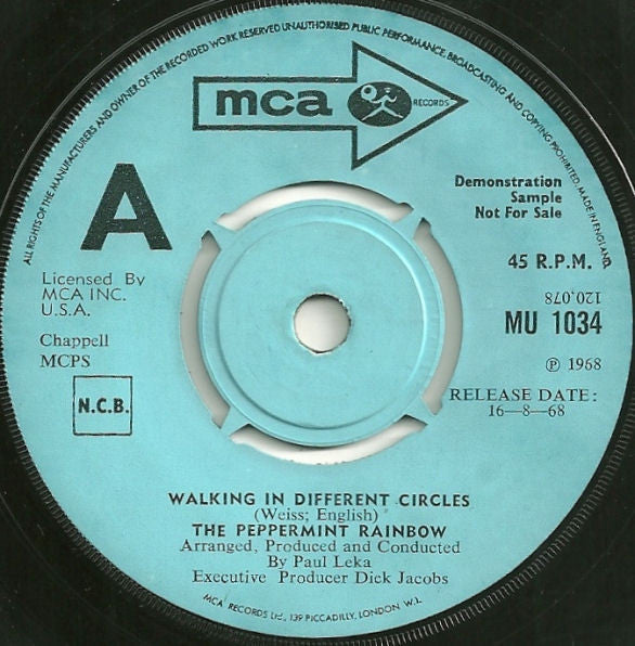 Image of Front Cover of 7" - /VG - THE PEPPERMINT RAINBOW, Walking In Different Circles / Pink Lemonade (MCA Records ; MU 1034, UK 1968, Promo), ,  - 2426186E