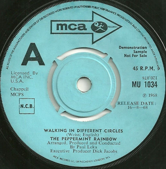 Image of Front Cover of 7" - /VG - THE PEPPERMINT RAINBOW, Walking In Different Circles / Pink Lemonade (MCA Records ; MU 1034, UK 1968, Promo), ,  - 2426186E