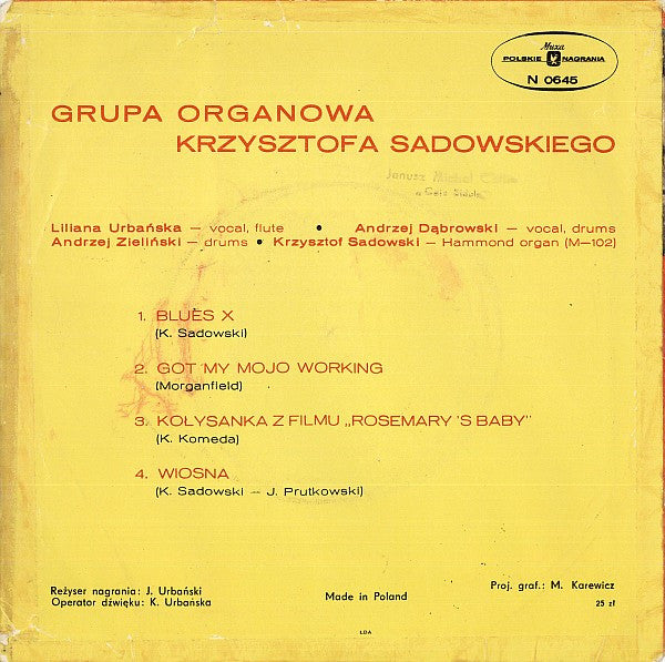 Image of Back Cover of 7" EP - VG/VG+ - GRUPA ORGANOWA KRZYSZTOFA SADOWSKIEGO / LILIANA URBA SKA / ANDRZEJ D BROWSKI, Blues X (Polskie Nagrania Muza Red Labels; N 0645, Poland 1971), Strong VG+, Sleeve Creased, A1 : Blues XA2 : I Got My Mojo WorkingB1 : Ko ysanka Z Filmu "Rosemary's Baby"B2 : Wiosna - 2426184E
