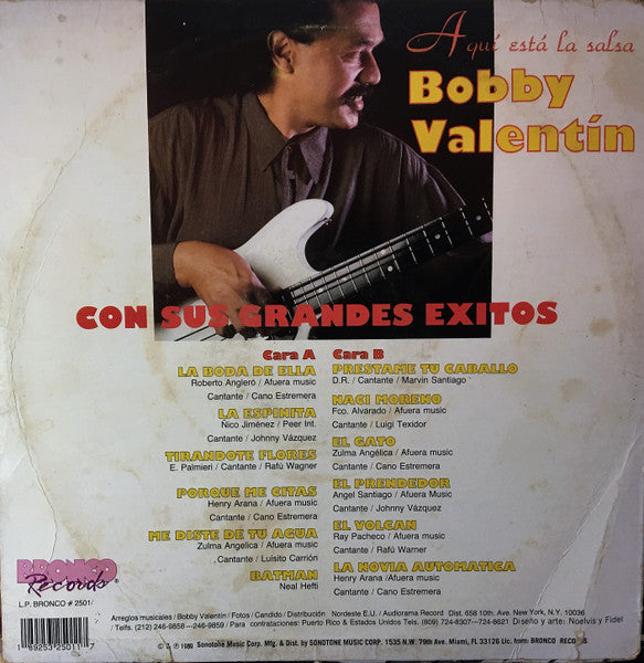 Image of Back Cover of LP - VG/VG+ - BOBBY VALENT N, Aqui Est  La Salsa Con Sus Grandes Exitos (Bronco; 2501, US 1989), Light ringwear on sleeve.,  - 2426080E