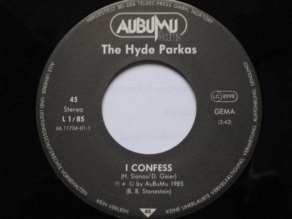 Image of Label Cover of 7" - VG/VG - THE HYDE PARKAS, I Confess / Going To Sydney (AuBuMu ; L 1/85, Germany 1985, Picture Sleeve), Split Seam, Sleeve Creased,  - 2426183E