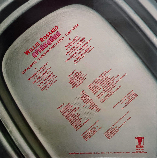 Image of Back Cover of LP - VG+/VG+ - WILLIE ROSARIO, Afincando - 25 Aniversario (Bronco; Bronco 134, Puerto Rico 1985), Lightest ringwear on sleeve.,  - 2426083E