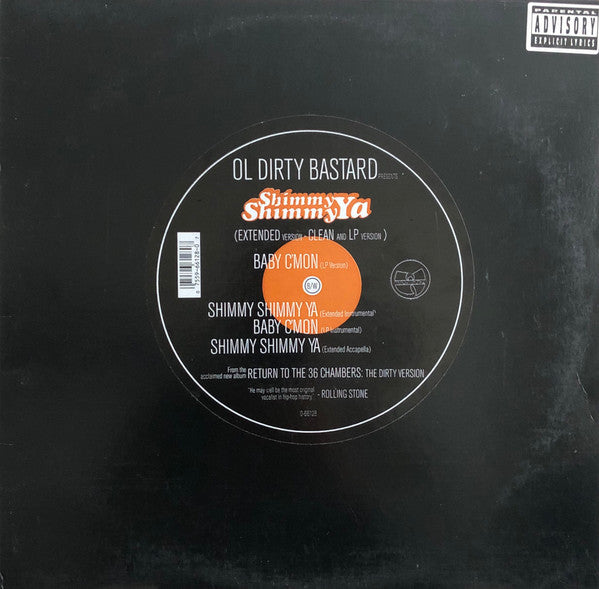 Image of Front Cover of 12" - VG/VG+ - OL' DIRTY BASTARD, Shimmy Shimmy Ya / Baby C'Mon (Elektra; 0-66128, US 1995, Stickered Plain Sleeve, Black Inner, Circular sticker version), Sleeve worn with light damage at edges and opening,  - 3416361C