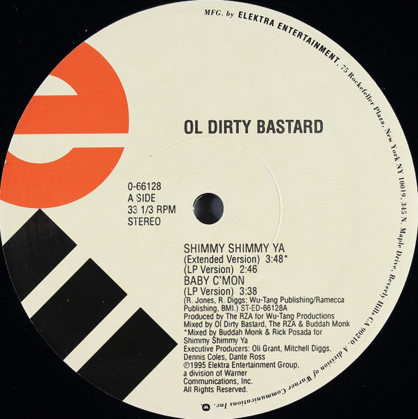 Image of Back Cover of 12" - VG/VG+ - OL' DIRTY BASTARD, Shimmy Shimmy Ya / Baby C'Mon (Elektra; 0-66128, US 1995, Stickered Plain Sleeve, Black Inner, Circular sticker version), Sleeve worn with light damage at edges and opening,  - 3416361C