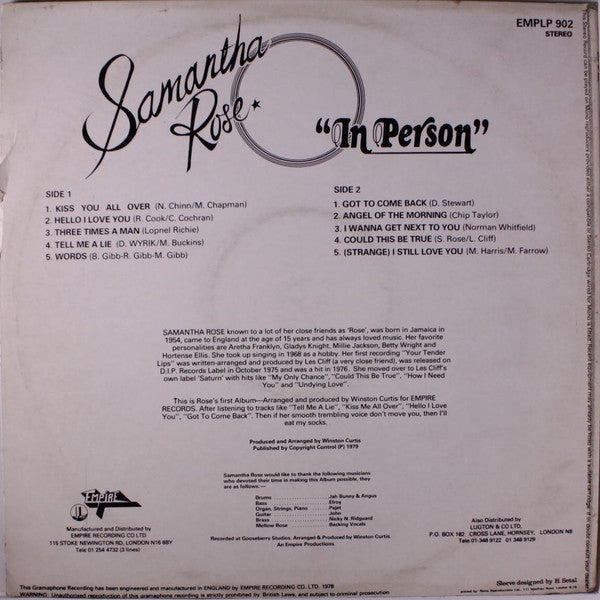 Image of Back Cover of LP - VG/VG - SAMANTHA ROSE, In Person (Supreme Records; EMPLP 902, UK 1979), Light marks only. General storage wear on sleeve.,  - 2426197E