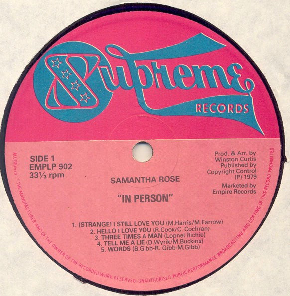 Image of Label Cover of LP - VG/VG - SAMANTHA ROSE, In Person (Supreme Records; EMPLP 902, UK 1979), Light marks only. General storage wear on sleeve.,  - 2426197E