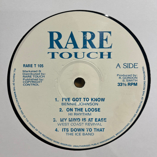 Image of Front Cover of LP - /G+ - VARIOUS, Untitled (Rare Touch; RARE T 105, UK 1990), , A1 Benny Johnson   I Just Got To KnowA2 Hi Rhythm   On The LooseA3 West Coast Revival   My Mind Is At EaseA4 The Ice Man's Band   It's Down To ThatB1 Player   Baby Come BackB2 Level 42   Sleep WalkersB3 Gavin Christopher   We'll Always Be TogetherB4 The Quickest Way Out   Hello Stranger - 2416423C