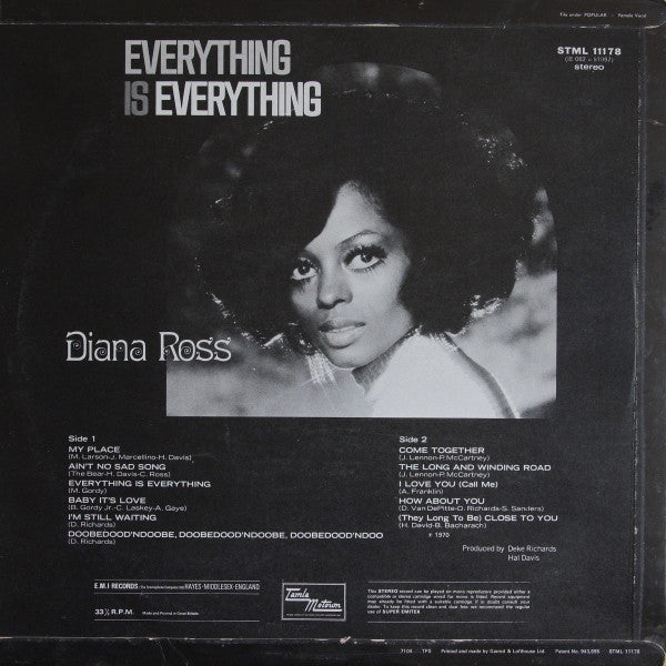 Image of Back Cover of LP - G+/VG+ - DIANA ROSS, Everything Is Everything (Tamla Motown; STML 11178, UK 1971, Laminated Front Flipback Sleeve, Company Inner), Sleeve has some small rips and wear at edges, staining on front, writing on reverse. Creasing too,  - 2416425C