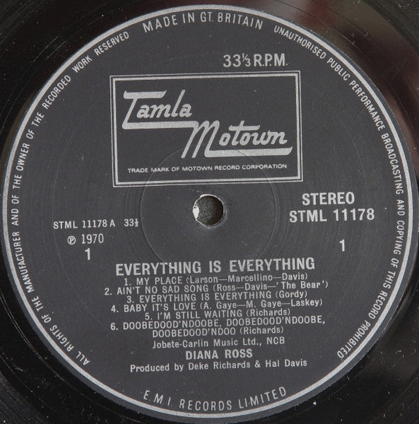 Image of Label Cover of LP - G+/VG+ - DIANA ROSS, Everything Is Everything (Tamla Motown; STML 11178, UK 1971, Laminated Front Flipback Sleeve, Company Inner), Sleeve has some small rips and wear at edges, staining on front, writing on reverse. Creasing too,  - 2416425C