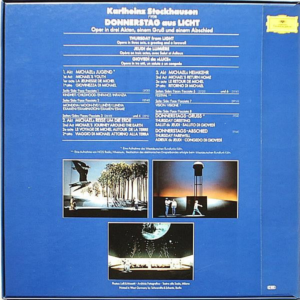 Image of Back Cover of 4xLP - VG/VG+ - STOCKHAUSEN, Donnerstag Aus Licht (Deutsche Grammophon; 2740 272, Europe 1983, Box Set, Booklet), Hairline on Side 2. Light surface marks only on other discs. Sticker damage on back of sleeve, inside box and to spine. Sticker residue on booklet and labels. Indents on box.,  - 2446193S