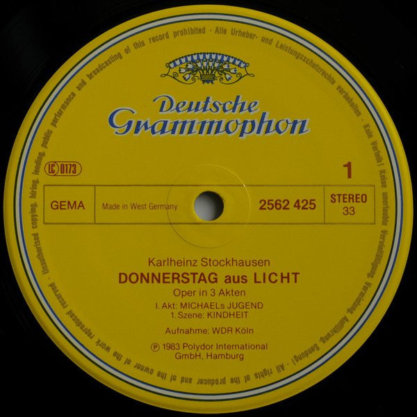 Image of Label Cover of 4xLP - VG/VG+ - STOCKHAUSEN, Donnerstag Aus Licht (Deutsche Grammophon; 2740 272, Europe 1983, Box Set, Booklet), Hairline on Side 2. Light surface marks only on other discs. Sticker damage on back of sleeve, inside box and to spine. Sticker residue on booklet and labels. Indents on box.,  - 2446193S
