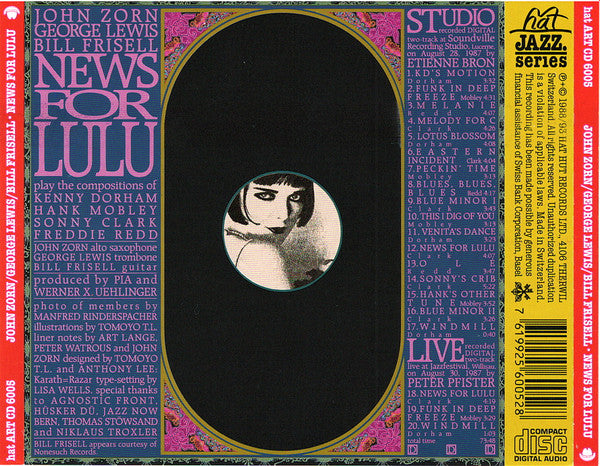 Image of Back Cover of CD - VG+/VG+ - JOHN ZORN / GEORGE LEWIS / BILL FRISELL, News For Lulu (hat ART; hat ART CD 6005, Switzerland 1993), ,  - 2456113S