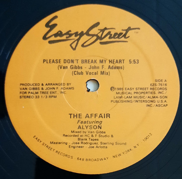 Image of Front Cover of 12" - /VG - THE AFFAIR FEATURING ALYSON*, Please Don't Break My Heart (Easy Street Records; EZS-7516, US ), Writing On Label,  - 2446196S