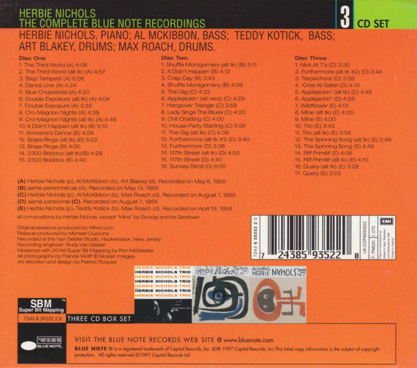 Image of Back Cover of CD - VG+/VG+ - HERBIE NICHOLS, The Complete Blue Note Recordings (Blue Note; CDP 7243 8 59352 2 0, Europe 1997, Box Set), ,  - 2456115S