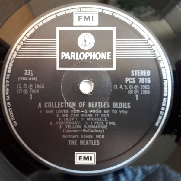 Image of Label Cover of LP - VG/VG - THE BEATLES, A Collection Of Beatles Oldies (Parlophone Black & Silver Labels With Two EMI Boxes & Raised Label RIm; PCS 7016, UK 1970s Reissue, Laminated Front Sleeve, Polygram Contract Pressing), Light Marks only.,  - 2416396C