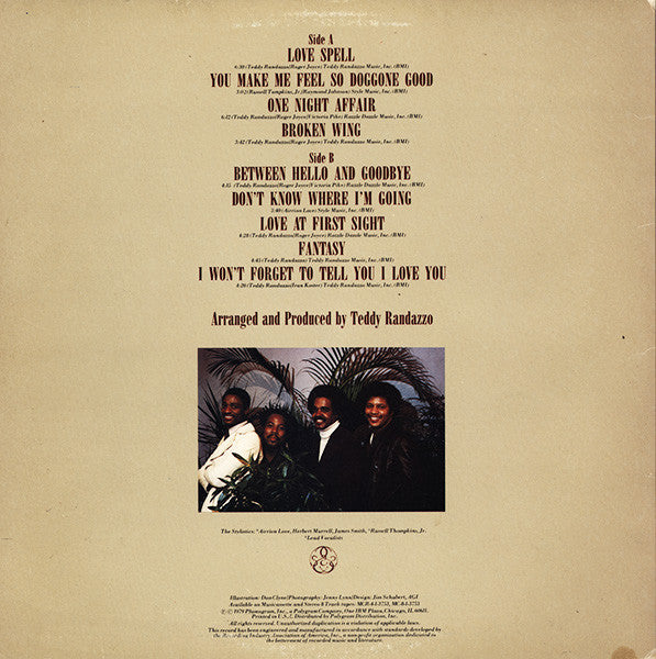 Image of Back Cover of LP - G+/G+ - THE STYLISTICS, Love Spell (Mercury; SRM-1-3753, US 1979, Company Inner), Some notable marks on A-side which look deep but play through fine. Light fogging at edge. Sleeve worn at edges and spine, liquid stained / damaged in a few places and taped over neatly,  - 2416468C