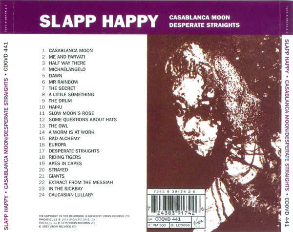 Image of Back Cover of CD - VG+/VG - SLAPP HAPPY, Casablanca Moon / Desperate Straights (Virgin; CDOVD 441, Europe Reissue, Jewel Case), ,  - 2416454C