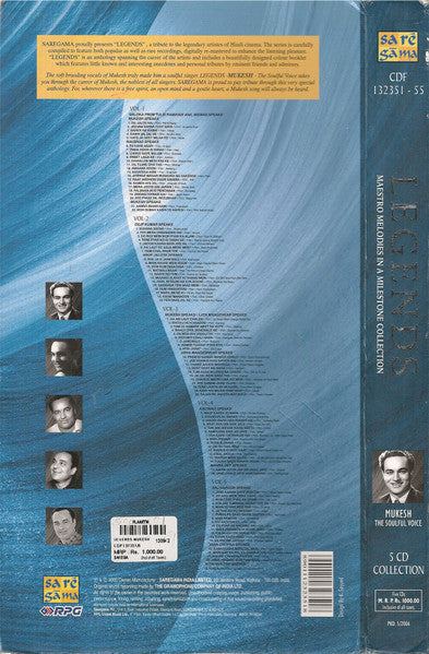 Image of Back Cover of 5xCD - VG+/VG+ - MUKESH, Legends-Maestro Melodies In A Milestone Collection (The Soulful Voice) (RPG; CDF 132351 - 55, India 2006, Box Set), ,  - 2456217S