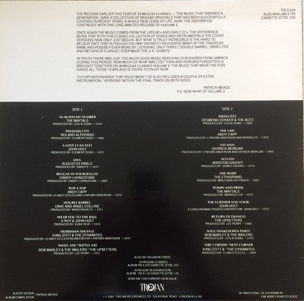 Image of Back Cover of LP - VG/VG+ - VARIOUS ARTISTS, 20 Reggae Classics Volume 2 (Trojan Records; TRLS 224, UK 1980s Reissue), ,  - 2446237S