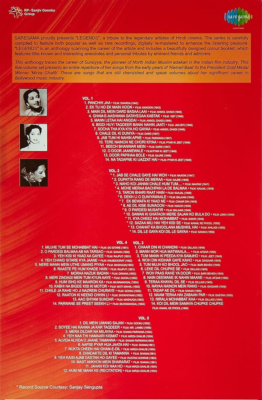 Image of Back Cover of 5xCD - VG+/VG+ - SURAIYA, Legends - Maestro Melodies In A Milestone Collection (SAREGAMA; , India , Box Set), ,  - 2456216S