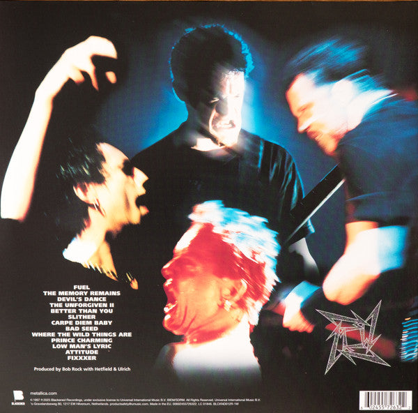 Image of Back Cover of 2xLP - NEW/NEW - METALLICA, Reload (Blackened; BLCKND12R1W, Europe 2026 Reissue, Gatefold, 2 Inserts, Yellow Translucent (Flaming Fuel) Vinyl, Download Code), , Metallica is continuing to release remasters of their catalog, with the latest being the 4x-platinum ReLoad, available everywhere on June 26th.  Produced by Bob Rock, ReLoad is the follow-up to 5x-platinum Load. ReLoad contains fan favorites including  Fuel,   The Memory Remains,  and  The Unforgiven II.  Remastered by Reuben 