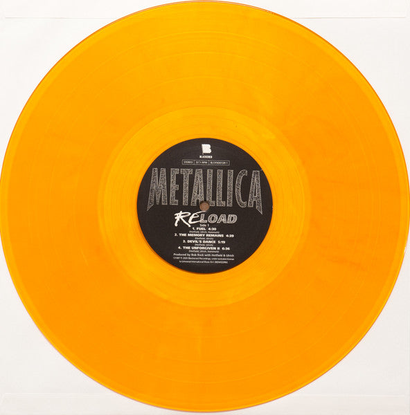 Image of Label Cover of 2xLP - NEW/NEW - METALLICA, Reload (Blackened; BLCKND12R1W, Europe 2026 Reissue, Gatefold, 2 Inserts, Yellow Translucent (Flaming Fuel) Vinyl, Download Code), , Metallica is continuing to release remasters of their catalog, with the latest being the 4x-platinum ReLoad, available everywhere on June 26th.  Produced by Bob Rock, ReLoad is the follow-up to 5x-platinum Load. ReLoad contains fan favorites including  Fuel,   The Memory Remains,  and  The Unforgiven II.  Remastered by Reuben